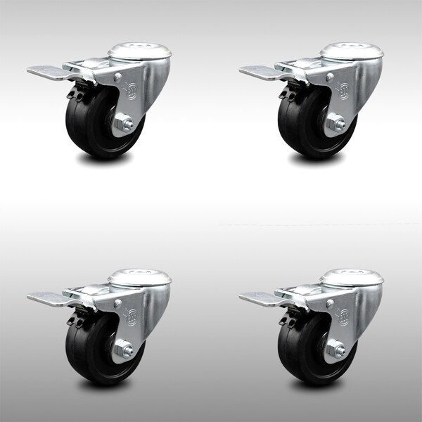 3 Inch SS Soft Rubber Swivel Bolt Hole Caster Set with Total Lock Brake SCC
